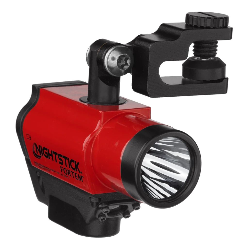 Nightstick FORTEM IS Helmet Mounted Dual Light Flashlight features a clamp and 250 lumens high mode